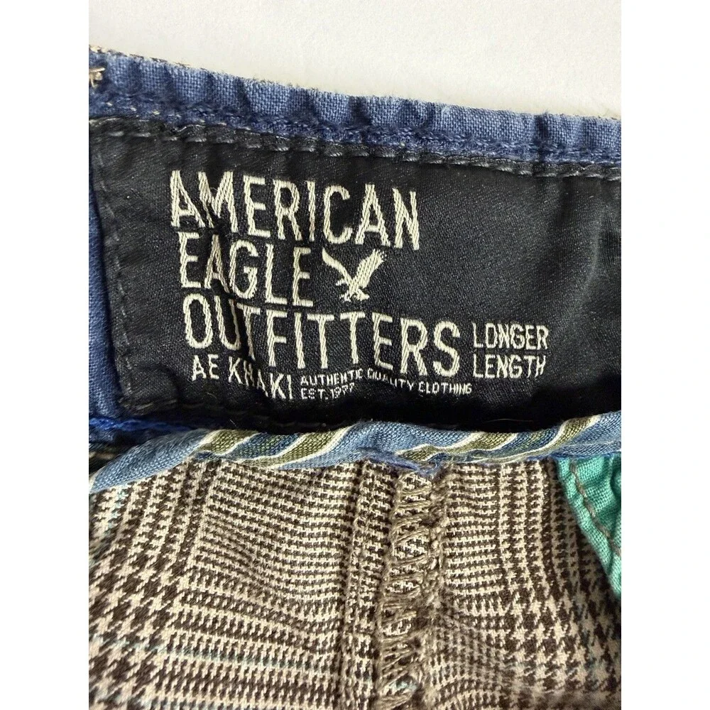 Y2K AE Longer Length Brown Plaid Chino Shorts 34 Khaki Skater Surf Preppy Grunge